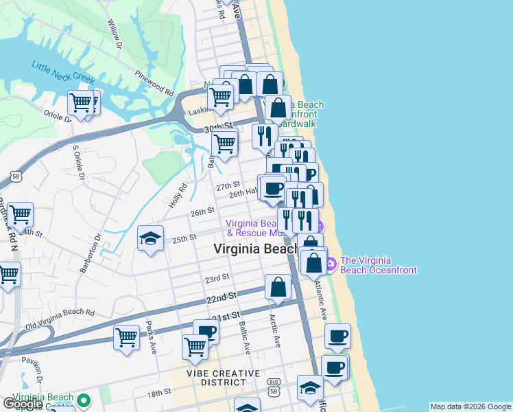 map of restaurants, bars, coffee shops, grocery stores, and more near 2505 Arctic Avenue in Virginia Beach