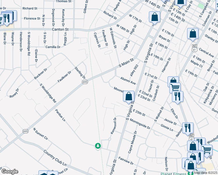 map of restaurants, bars, coffee shops, grocery stores, and more near 101 Mooreland Drive in Hopkinsville