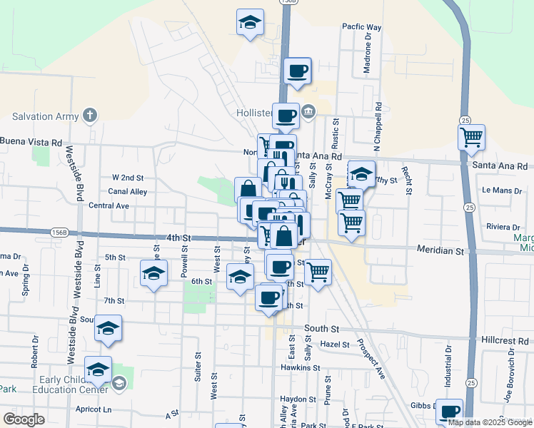 map of restaurants, bars, coffee shops, grocery stores, and more near 336 3rd Street in Hollister