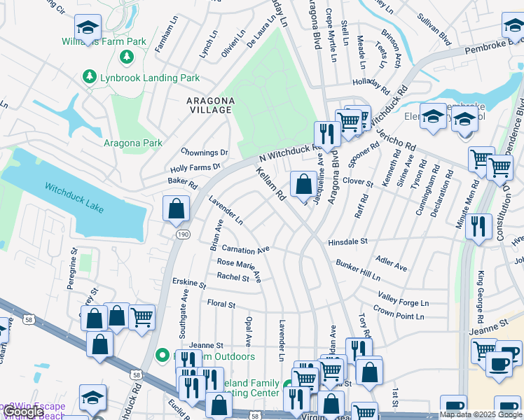 map of restaurants, bars, coffee shops, grocery stores, and more near 4965 Clover Street in Virginia Beach