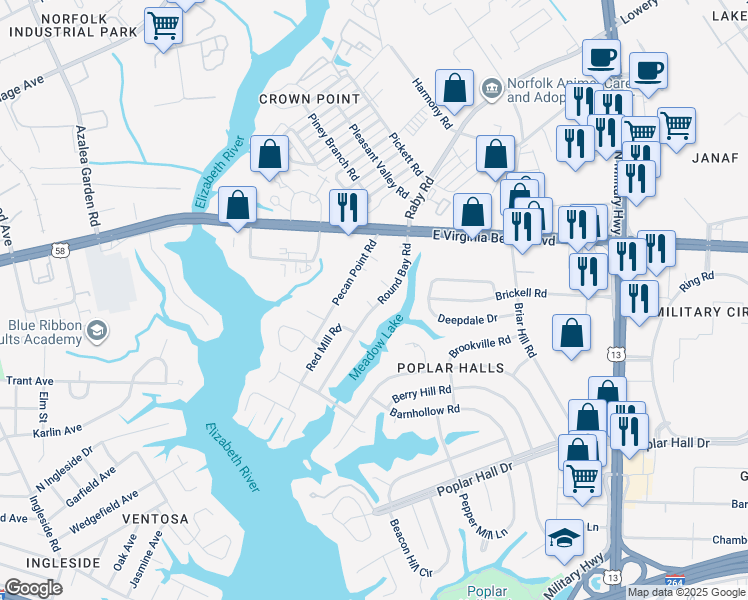 map of restaurants, bars, coffee shops, grocery stores, and more near 829 Round Bay Circle in Norfolk