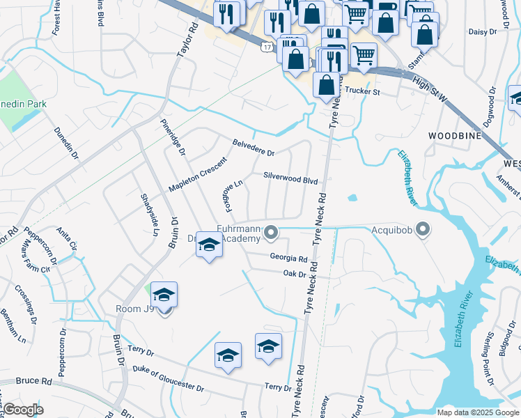 map of restaurants, bars, coffee shops, grocery stores, and more near 4104 Hawksley Drive in Chesapeake