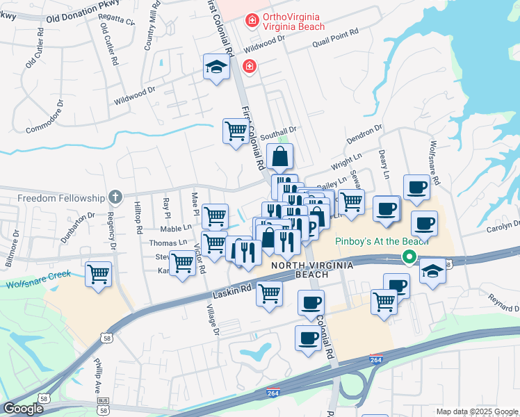 map of restaurants, bars, coffee shops, grocery stores, and more near 845 First Colonial Road in Virginia Beach