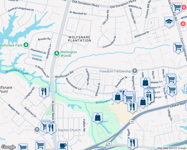 map of restaurants, bars, coffee shops, grocery stores, and more near 815 Biltmore Drive in Virginia Beach