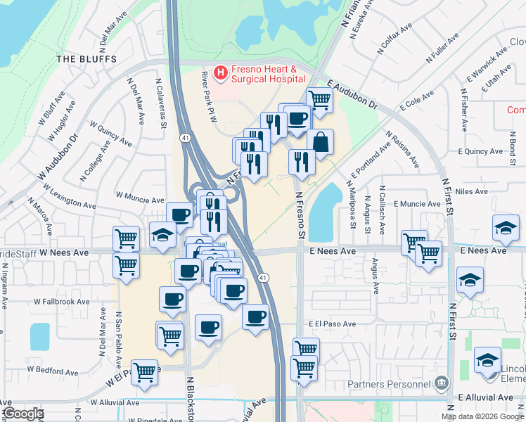 map of restaurants, bars, coffee shops, grocery stores, and more near Fresno-Clovis Rail-Trail in Fresno