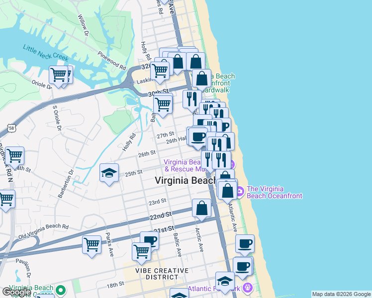 map of restaurants, bars, coffee shops, grocery stores, and more near 2505 Arctic Avenue in Virginia Beach