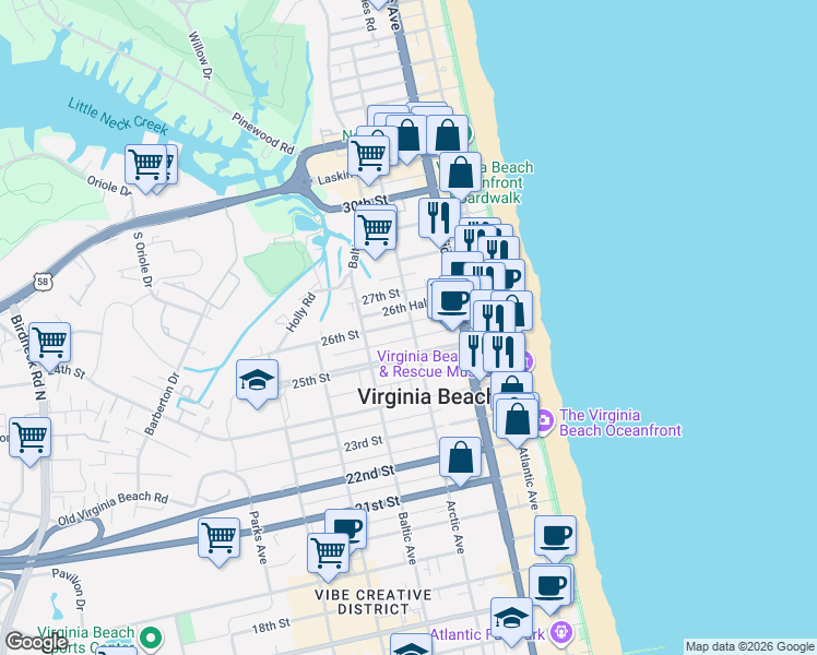 map of restaurants, bars, coffee shops, grocery stores, and more near 2505 Arctic Avenue in Virginia Beach