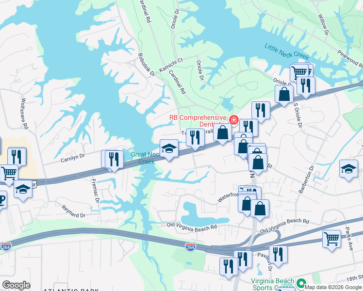 map of restaurants, bars, coffee shops, grocery stores, and more near 1268 U.S. 58 in Virginia Beach
