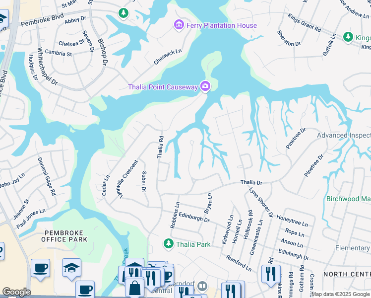 map of restaurants, bars, coffee shops, grocery stores, and more near 637 Greentree Drive in Virginia Beach