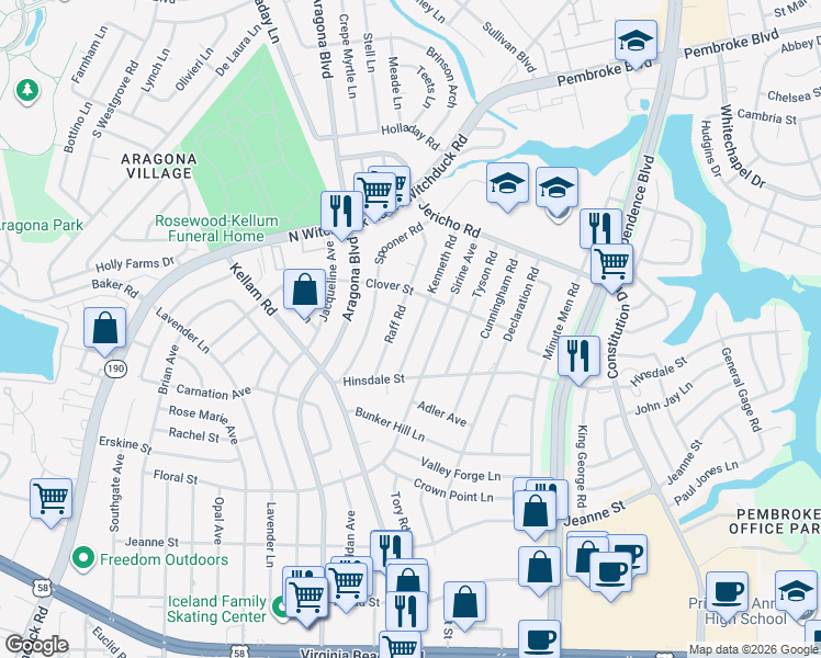 map of restaurants, bars, coffee shops, grocery stores, and more near 620 Raff Road in Virginia Beach
