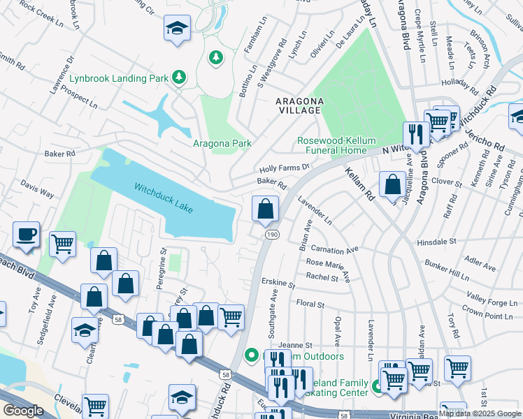 map of restaurants, bars, coffee shops, grocery stores, and more near 5108 Cape Levi Lane in Virginia Beach