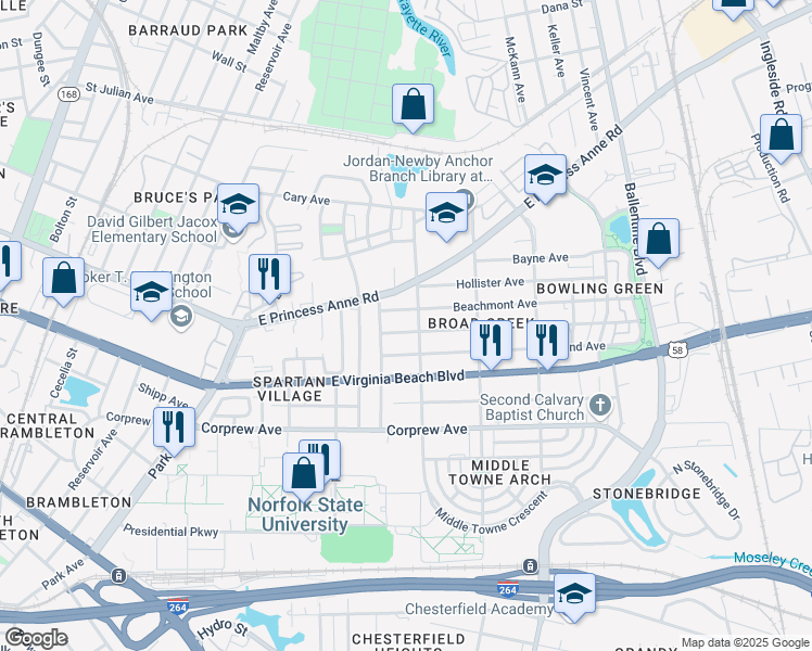 map of restaurants, bars, coffee shops, grocery stores, and more near 2611 Mapleton Avenue in Norfolk