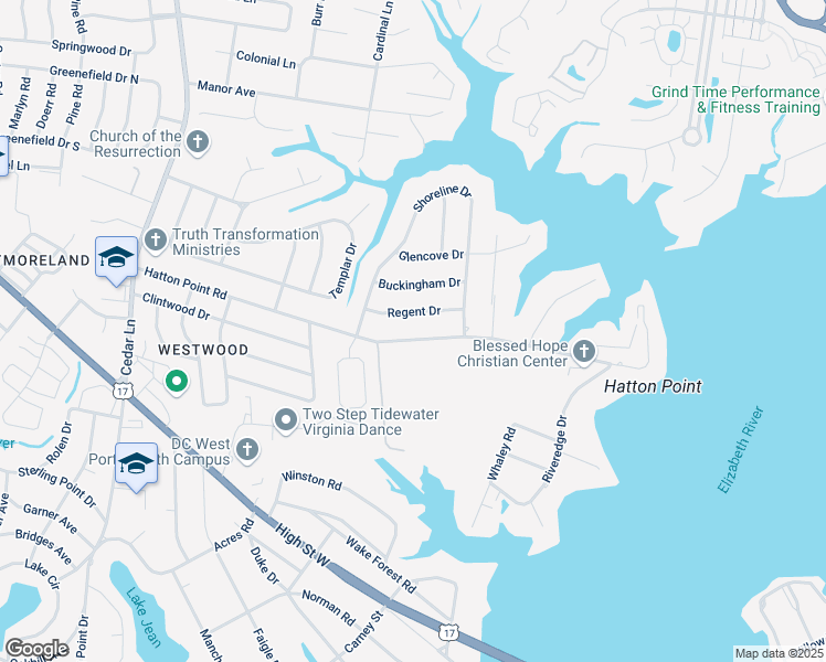 map of restaurants, bars, coffee shops, grocery stores, and more near 4532 Hatton Point Road in Portsmouth