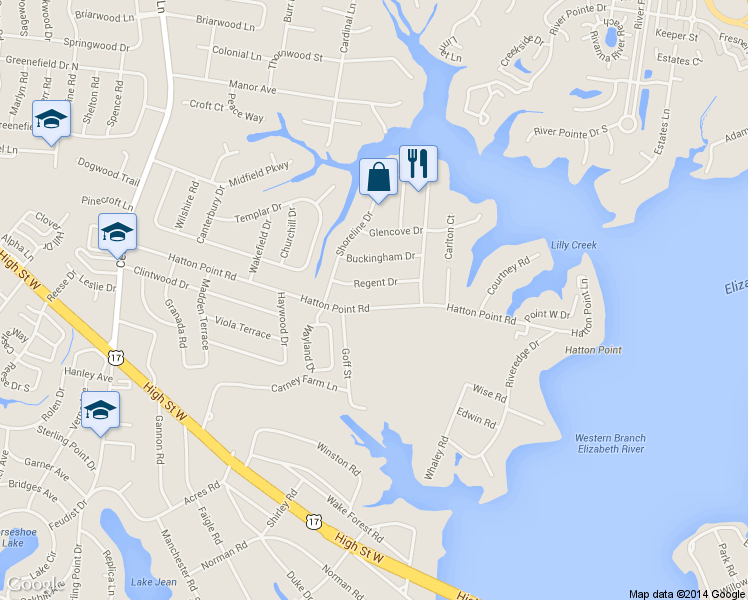 map of restaurants, bars, coffee shops, grocery stores, and more near 4532 Hatton Point Road in Portsmouth