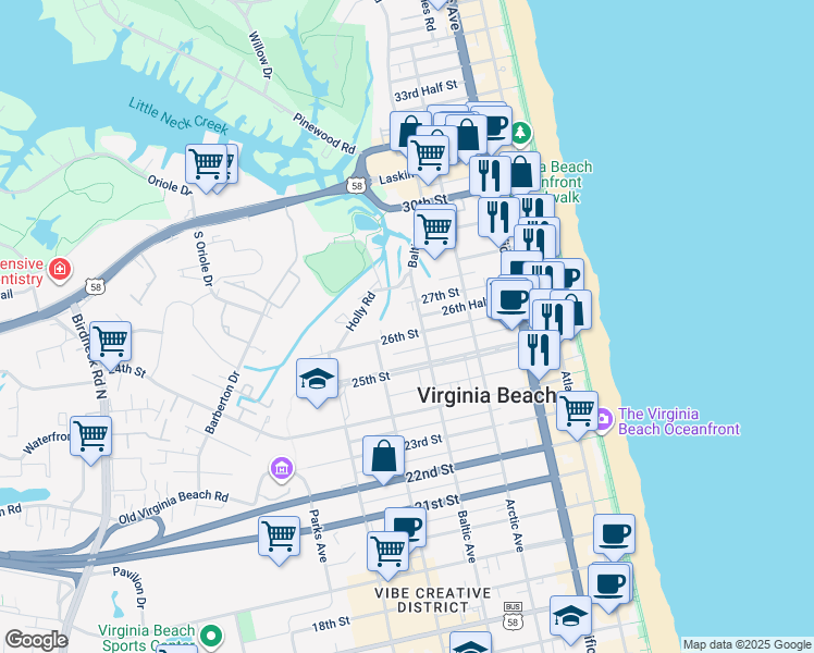 map of restaurants, bars, coffee shops, grocery stores, and more near 505 26th Street in Virginia Beach