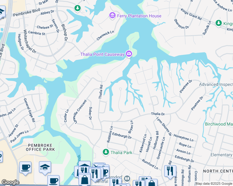 map of restaurants, bars, coffee shops, grocery stores, and more near 637 Greentree Drive in Virginia Beach