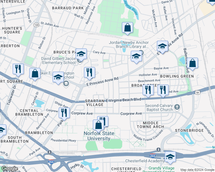 map of restaurants, bars, coffee shops, grocery stores, and more near 1049 Mapole Avenue in Norfolk