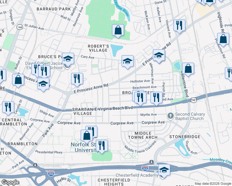 map of restaurants, bars, coffee shops, grocery stores, and more near 2611 Mapleton Avenue in Norfolk