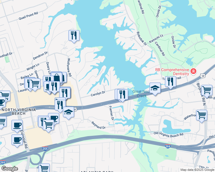 map of restaurants, bars, coffee shops, grocery stores, and more near 1404 Carolyn Drive in Virginia Beach