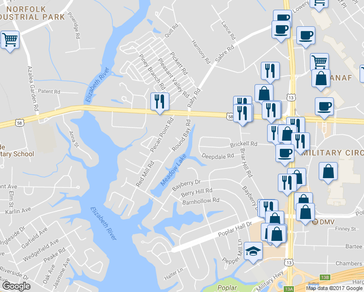 map of restaurants, bars, coffee shops, grocery stores, and more near 836 Round Bay Road in Norfolk