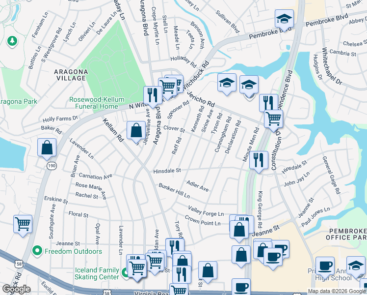 map of restaurants, bars, coffee shops, grocery stores, and more near 620 Raff Road in Virginia Beach
