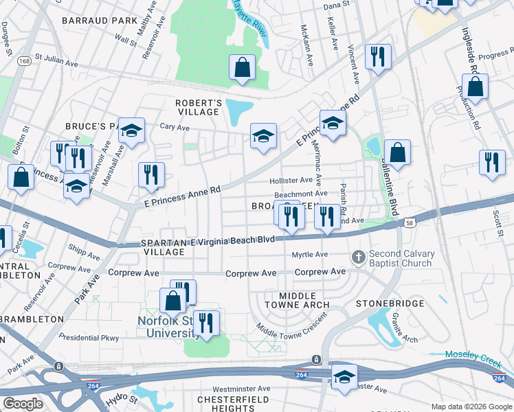 map of restaurants, bars, coffee shops, grocery stores, and more near 2713 Mapleton Avenue in Norfolk