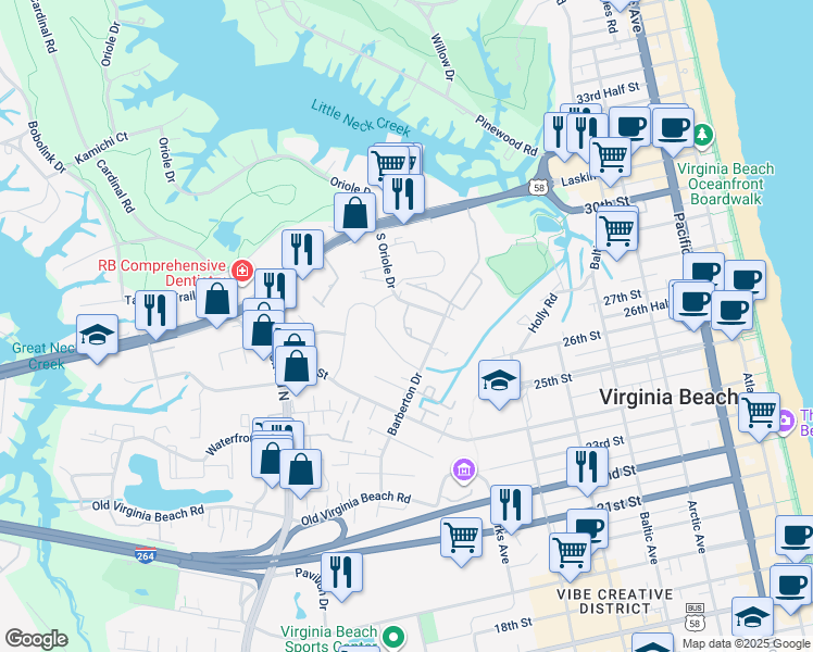 map of restaurants, bars, coffee shops, grocery stores, and more near 940 Oakland Avenue in Virginia Beach