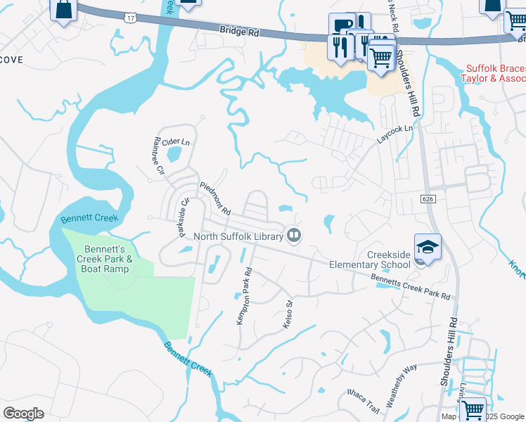 map of restaurants, bars, coffee shops, grocery stores, and more near 2308 Juniper Lane in Suffolk
