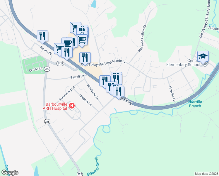 map of restaurants, bars, coffee shops, grocery stores, and more near 1200 Old US Highway 25E Loop Number 2 in Barbourville