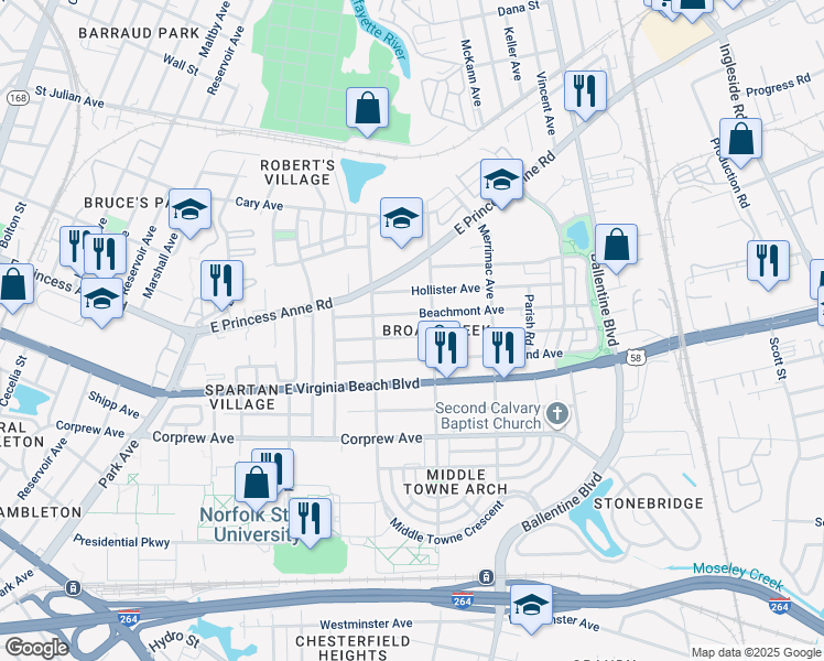 map of restaurants, bars, coffee shops, grocery stores, and more near 2734 Mapleton Avenue in Norfolk