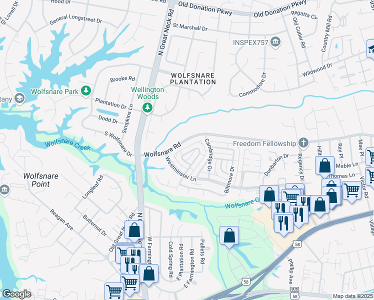 map of restaurants, bars, coffee shops, grocery stores, and more near 2234 Windom Place in Virginia Beach