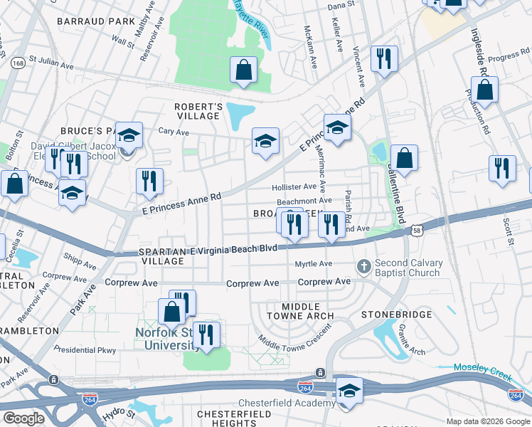map of restaurants, bars, coffee shops, grocery stores, and more near 2713 Mapleton Avenue in Norfolk