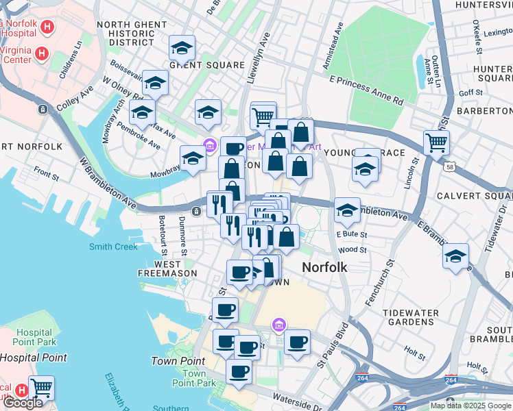 map of restaurants, bars, coffee shops, grocery stores, and more near 119 West York Street in Norfolk