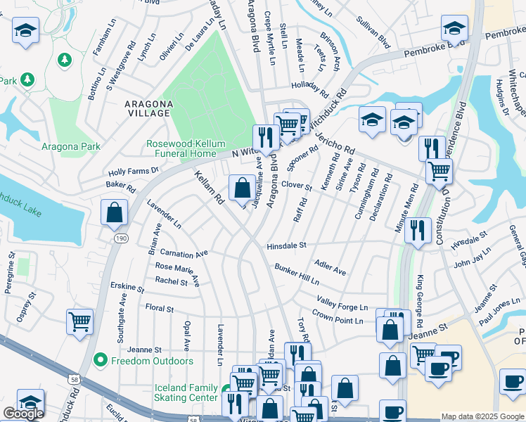 map of restaurants, bars, coffee shops, grocery stores, and more near 621 Aragona Boulevard in Virginia Beach