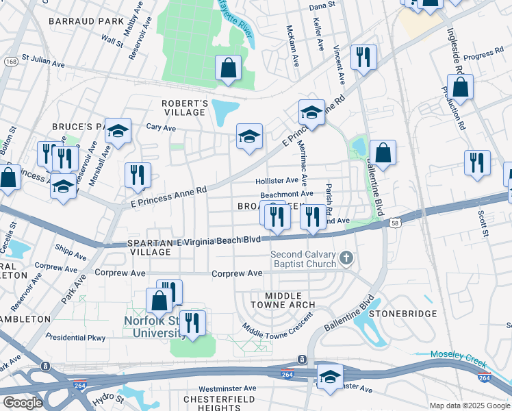 map of restaurants, bars, coffee shops, grocery stores, and more near 2734 Mapleton Avenue in Norfolk