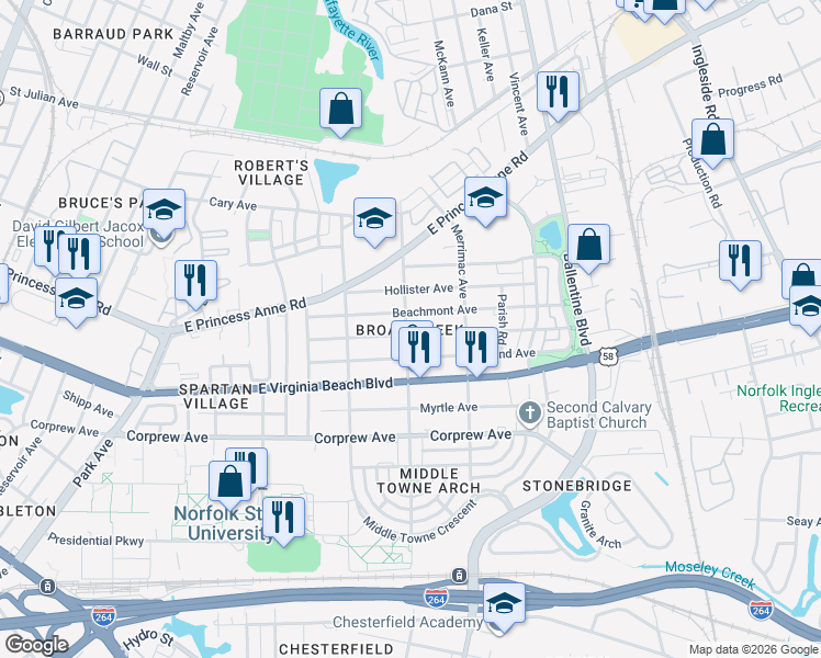 map of restaurants, bars, coffee shops, grocery stores, and more near 2749 Mapleton Avenue in Norfolk