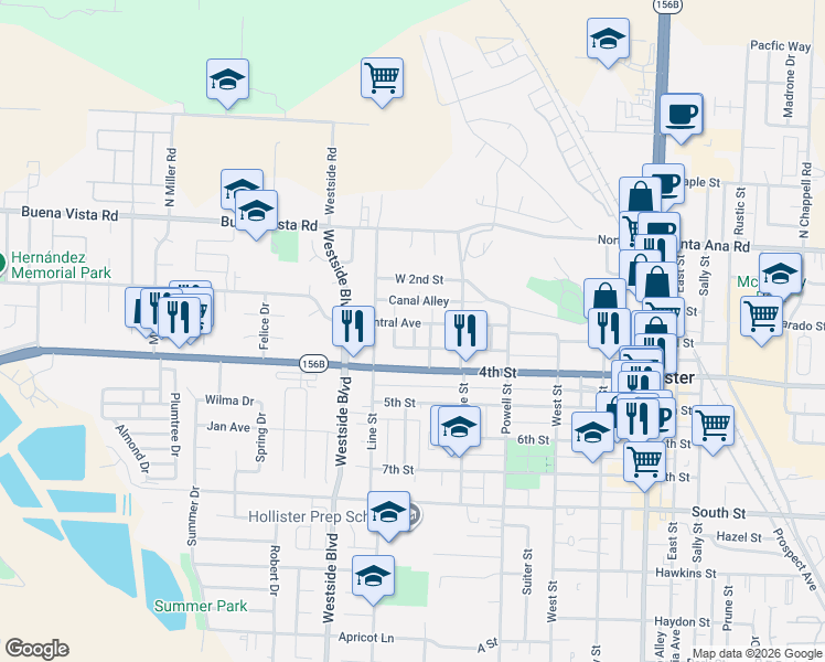 map of restaurants, bars, coffee shops, grocery stores, and more near 836 Fremont Way in Hollister