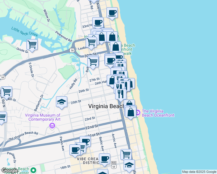 map of restaurants, bars, coffee shops, grocery stores, and more near 2505 Arctic Avenue in Virginia Beach