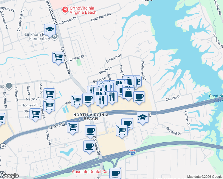 map of restaurants, bars, coffee shops, grocery stores, and more near 749 Hilltop West Shopping Center in Virginia Beach