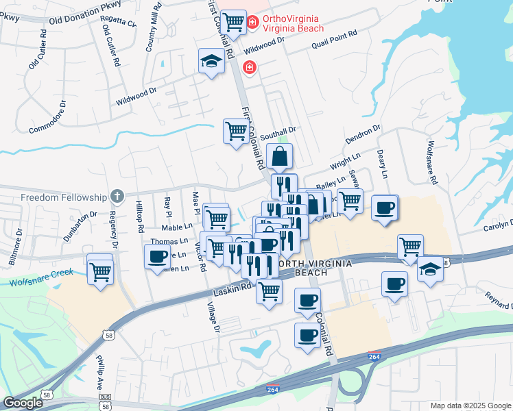 map of restaurants, bars, coffee shops, grocery stores, and more near 845 First Colonial Road in Virginia Beach
