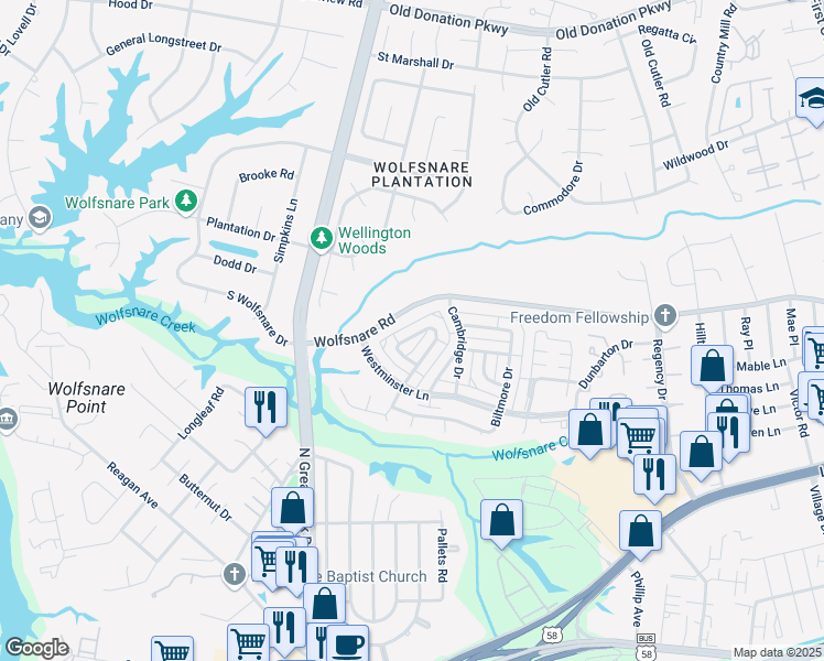 map of restaurants, bars, coffee shops, grocery stores, and more near 2237 Windom Place in Virginia Beach