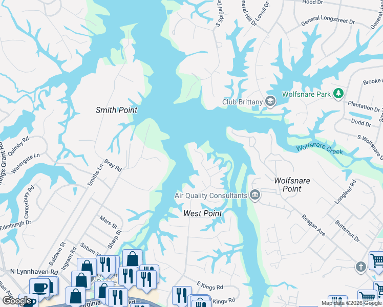 map of restaurants, bars, coffee shops, grocery stores, and more near 665 Chesopeian Point in Virginia Beach