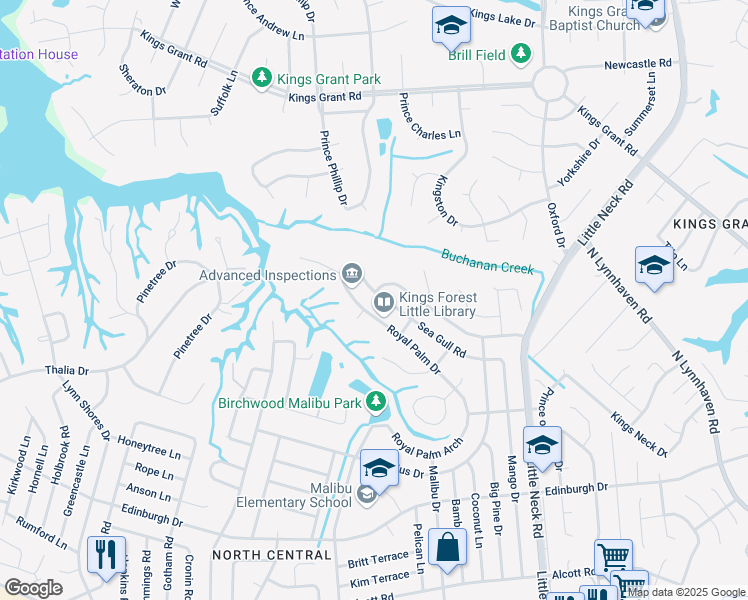 map of restaurants, bars, coffee shops, grocery stores, and more near 3613 Sea Gull Road in Virginia Beach