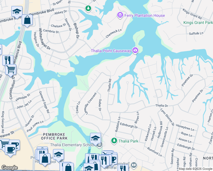map of restaurants, bars, coffee shops, grocery stores, and more near 4376 Lynnville Crescent in Virginia Beach