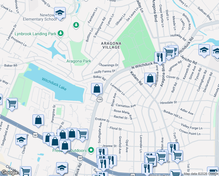 map of restaurants, bars, coffee shops, grocery stores, and more near 521 Brian Avenue in Virginia Beach