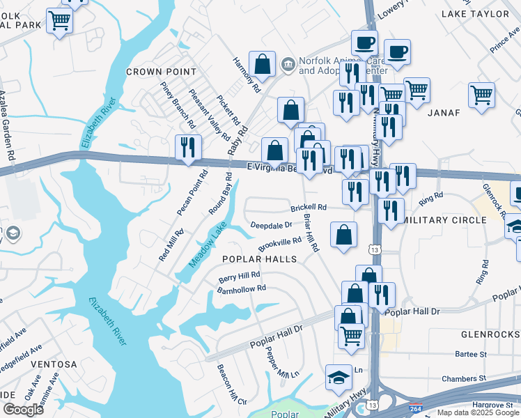 map of restaurants, bars, coffee shops, grocery stores, and more near 5533 Brickell Road in Norfolk