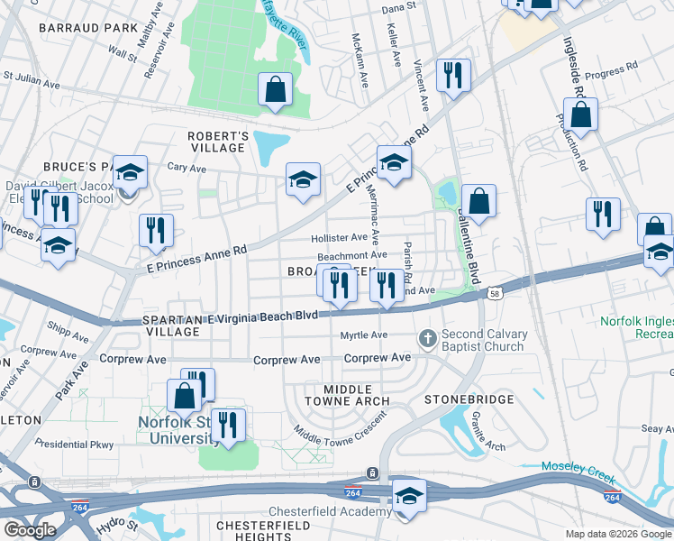 map of restaurants, bars, coffee shops, grocery stores, and more near 2749 Mapleton Avenue in Norfolk