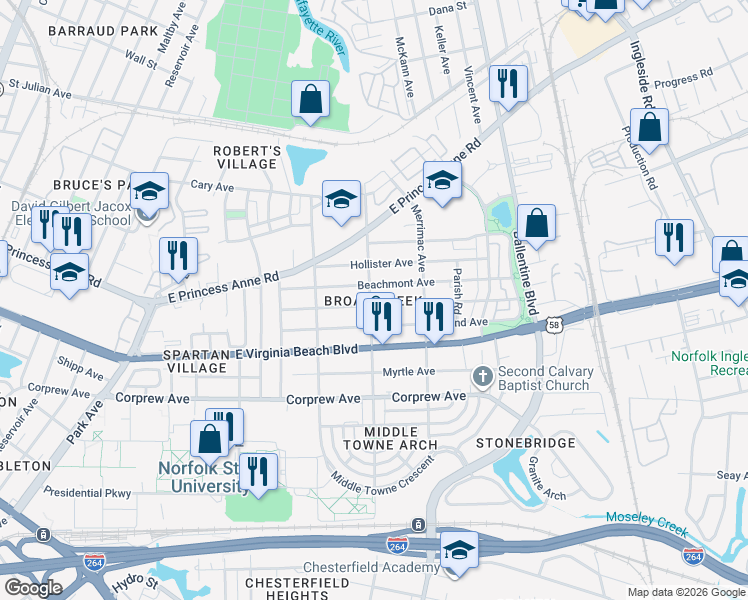 map of restaurants, bars, coffee shops, grocery stores, and more near 2749 Mapleton Avenue in Norfolk