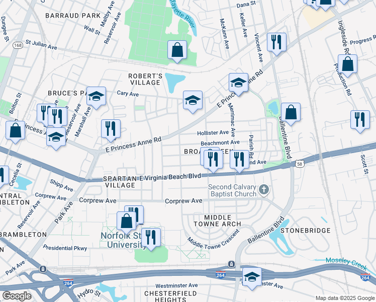 map of restaurants, bars, coffee shops, grocery stores, and more near 2713 Mapleton Avenue in Norfolk