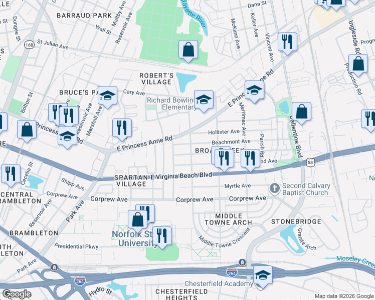 map of restaurants, bars, coffee shops, grocery stores, and more near 2611 Mapleton Avenue in Norfolk